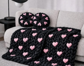Black Valentine Knit Blanket, Pink Hearts Merino Throw