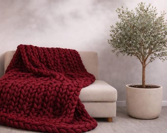 Burgundy Chunky Knit Blanket, Luxury Merino Wool Throw Gift