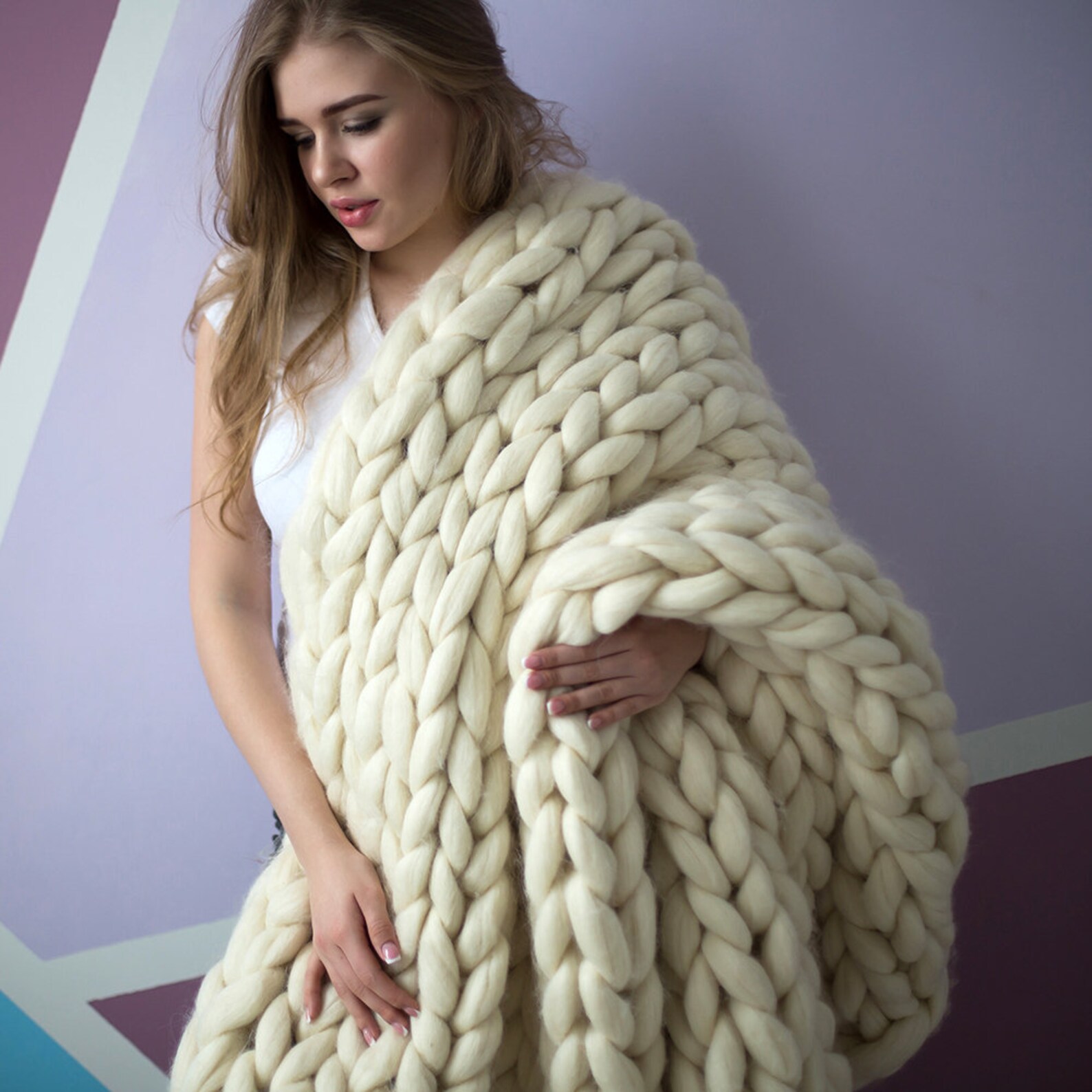 Hand Knitted Chunky Merino Wool Blanket Arm Knit Throw. Etsy