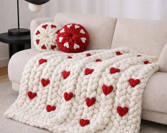 White Chunky Knit Blanket with Red Hearts, Merino Wool Gift Throw