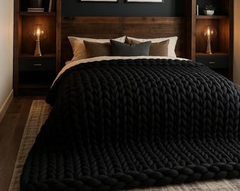 Black Chunky Knit Blanket Queen Size – Modern Cozy Throw, Gift for Him