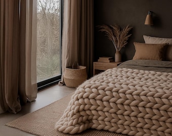 Taupe Chunky Knit Merino Wool Blanket - Handmade Cozy Throw
