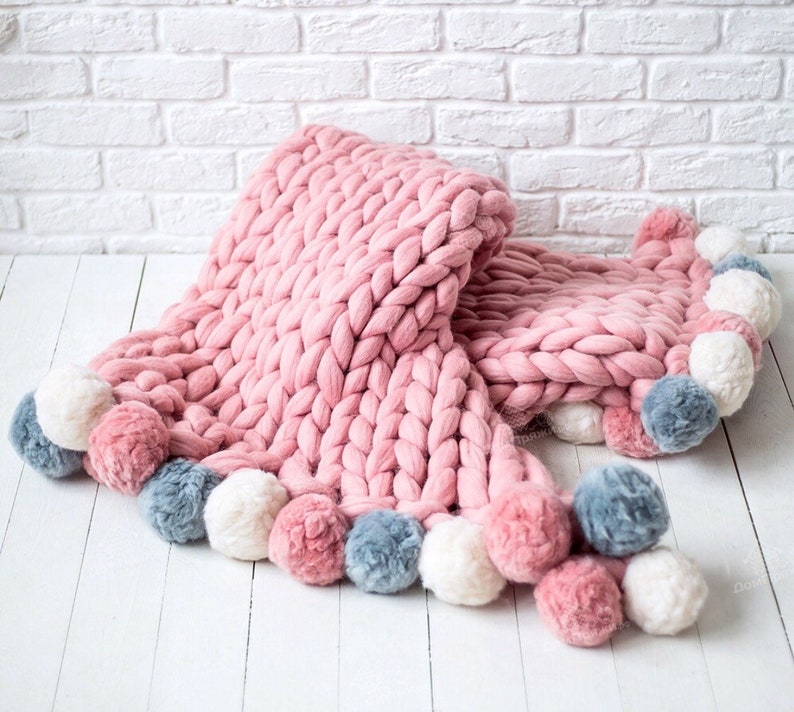 Pom poms chunky knit blanket cozy merino wool throw blanket. Etsy
