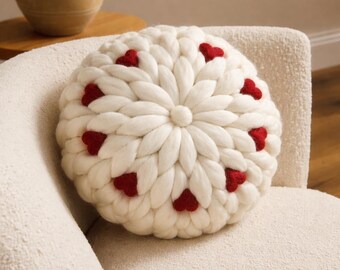 Knitted Red Hearts Pillow | Valentine Decor Sofa Accent Throw Pillow
