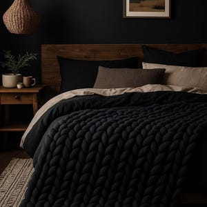 Black Chunky Knit Blanket Throw - Cozy Hygge Cabin Decor