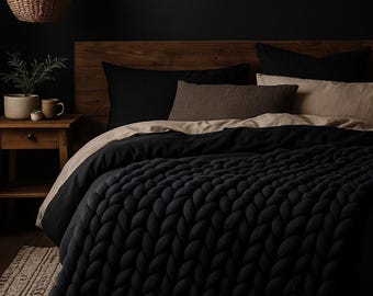 Black Chunky Knit Blanket Throw - Cozy Hygge Cabin Decor