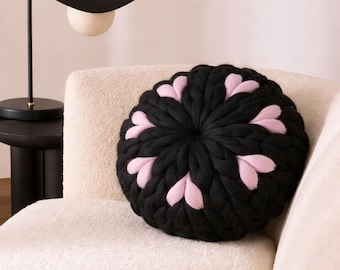 Black Chunky Knit Pillow with Pink Hearts. Handknitted Round Cushion