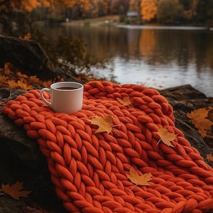Handmade Chunky Knit Merino Wool Blanket - Burnt Orange Fall Decor