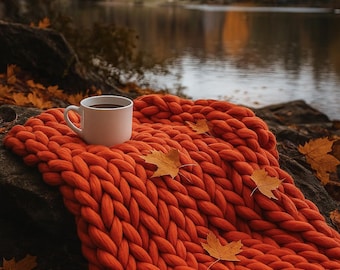 Handmade Chunky Knit Merino Wool Blanket - Burnt Orange Fall Decor
