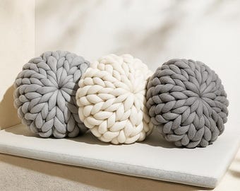 Chunky Knit Round Wool Pillow – Soft Boho Cushion for Neutral Modern Decor