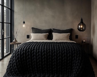Graphite Black Chunky Knit Blanket | Jumbo Merino Wool, Hand-Braided Bed Throw