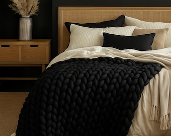 Black Chunky Knit Wool Blanket, Cozy Minimalist Throw