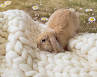Ivory Chunky Merino Wool Blanket - Easter Gift Cozy Spring Knit Throw