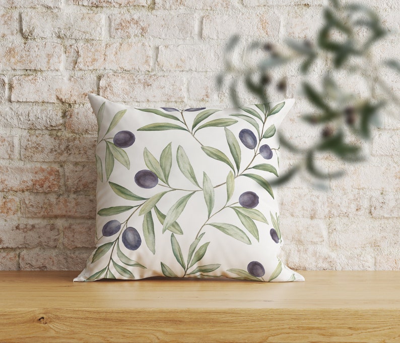 Watercolour olive branches decorative pillow cover with/without insert. Greenery foliage throw cushion case Sun room home decor accent image 1