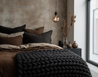 Hand Knitted Merino Wool Chunky Blanket - Graphite Grey Bulky Throw