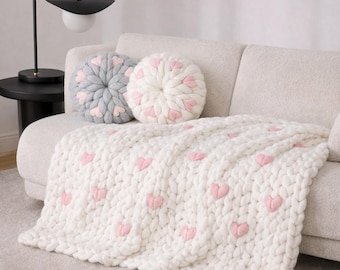 Pink Heart Knit Blanket, White Merino Throw, Valentine's Gift