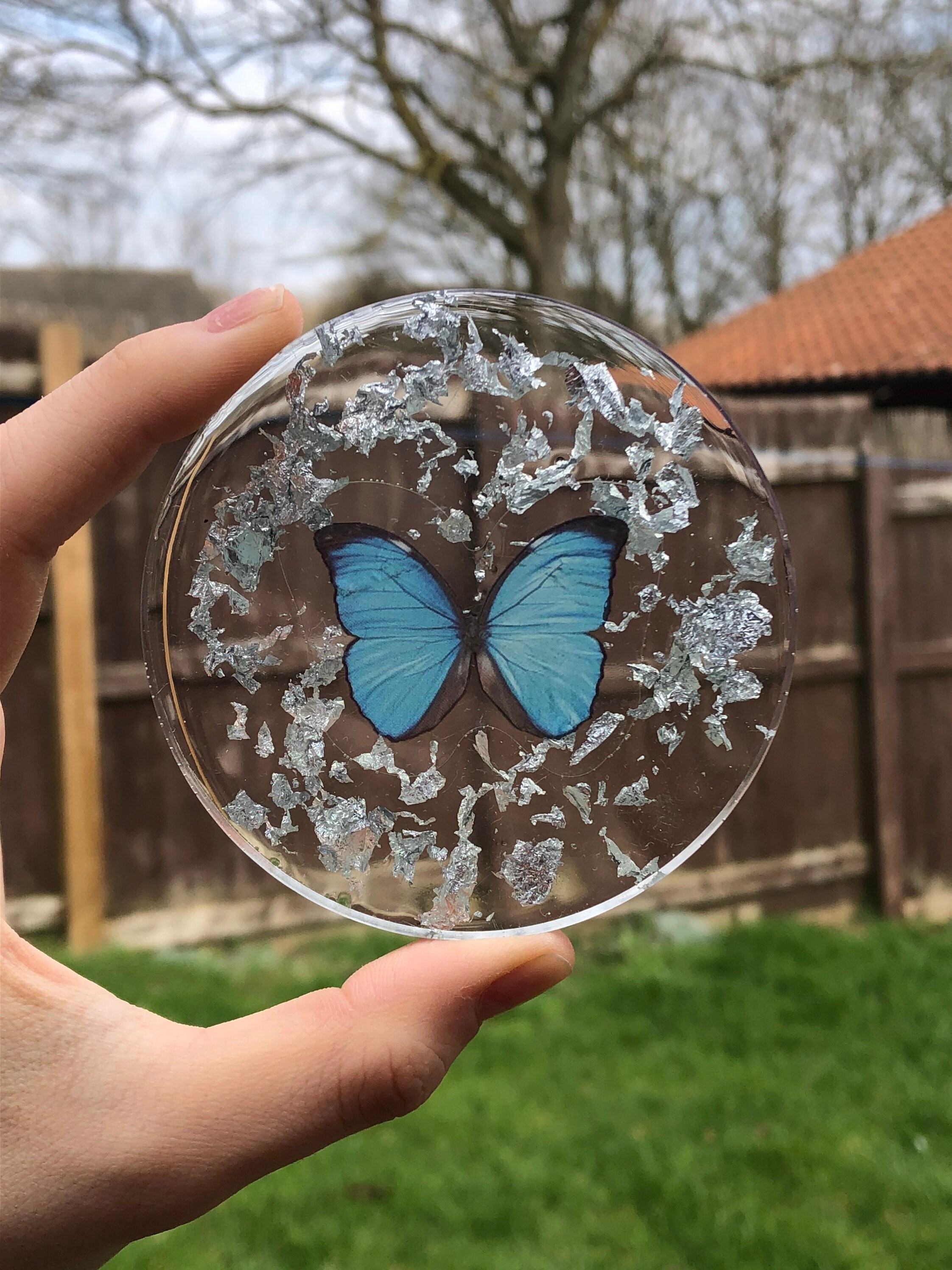 Butterfly Circular Resin Coasters Handmade Silver Flake Finish Etsy