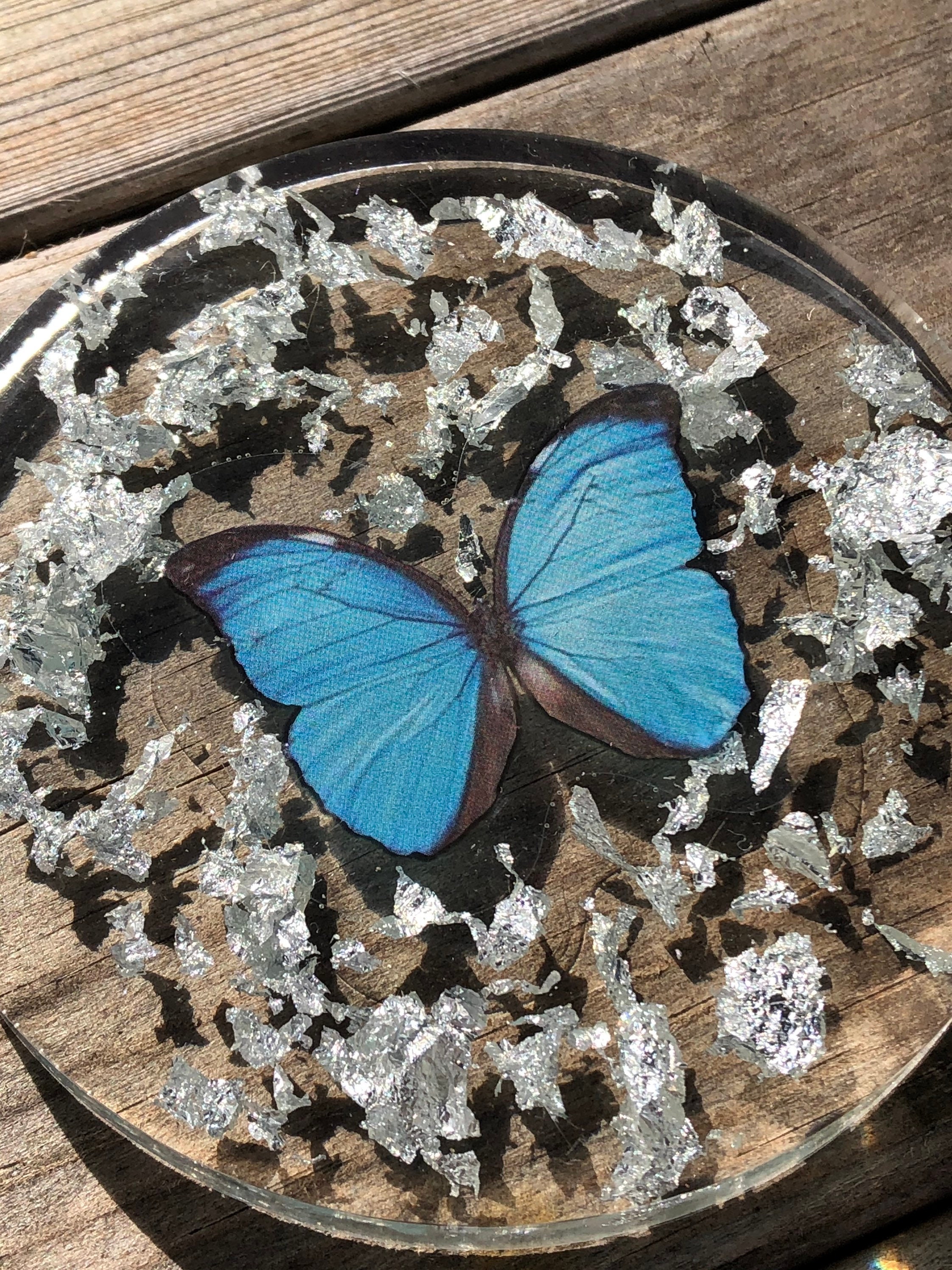 Butterfly Circular Resin Coasters Handmade Silver Flake Finish Etsy
