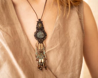 Pietersite Moss Agate Macrame Necklace: Beaded Dreamcatcher Amulet