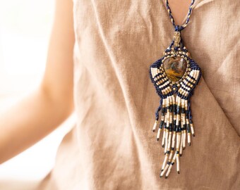 Isis Pietersite Macramé Necklace: Beaded Dreamcatcher Talisman
