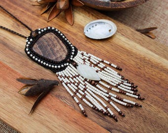 Aragonite Macrame Necklace: Tribal Dreamcatcher Amulet with Copper