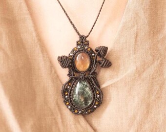 Seraphinite Ametrine Macrame Necklace: Crystal Mushroom Pendant