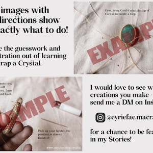 May include: A close-up image of a macrame crystal pendant with a green stone. The image shows the final steps of the macrame process, with the text "Pick up your lighter, the pendant is almost finished!" and "www.etsy.com/shop/cyriefae".