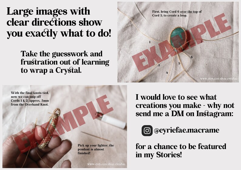 May include: A close-up image of a macrame crystal pendant with a green stone. The image shows the final steps of the macrame process, with the text "Pick up your lighter, the pendant is almost finished!" and "www.etsy.com/shop/cyriefae".