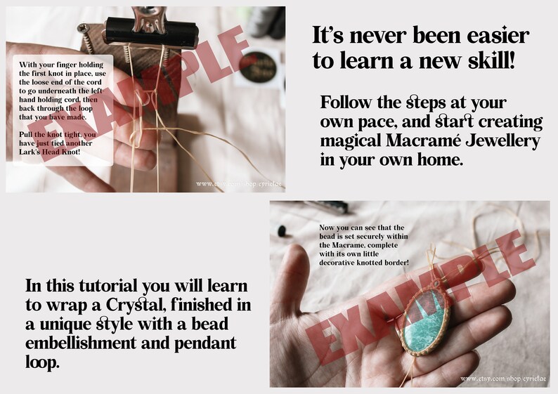 May include: A close-up of a turquoise crystal wrapped in macrame cord with a brown bead accent. The crystal is set within a decorative knotted border. The image includes the text "It's never been easier to learn a new skill! Follow the steps at your own pace, and start creating magical Macram&eacute; Jewellery in your own home."