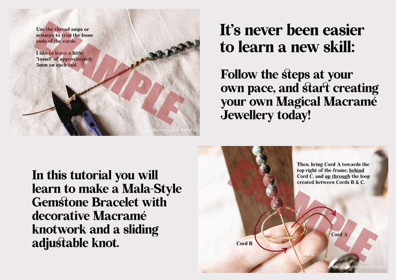 May include: A step-by-step tutorial on how to make a Mala-style gemstone bracelet with macrame knotwork and a sliding adjustable knot. The tutorial includes instructions on how to trim the ends of the cords and how to create a tassel.