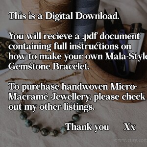 May include: A digital download for a Mala-style gemstone bracelet. The download includes instructions on how to make the bracelet. The image also shows a wooden bowl with sewing supplies and a turquoise gemstone bracelet.