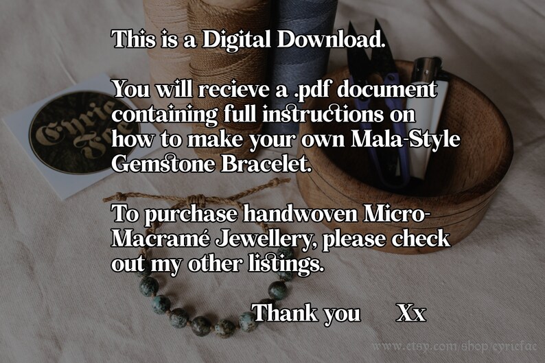 May include: A digital download for a Mala-style gemstone bracelet. The download includes instructions on how to make the bracelet. The image also shows a wooden bowl with sewing supplies and a turquoise gemstone bracelet.