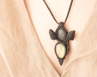 Labradorite & Sunstone Liberty Cap Talisman - Mushroom Amulet - Micro-macramé Beaded Necklace - Microdosing Festival Jewellery
