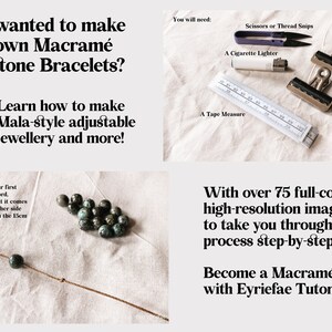 May include: A close-up of a brown cord with a turquoise gemstone bead threaded on it. The image is part of a tutorial on how to make macrame gemstone bracelets. The text in the image reads: "Now, thread your first bead onto the cord, making sure that it comes to rest on the other side of the knot from the 15cm section."