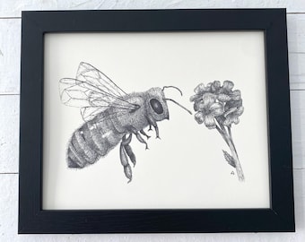 Impresión en pluma y tinta de "Prueba de sabor de abeja" - Arte decorativo original de abeja, pintura natural, flor, miel