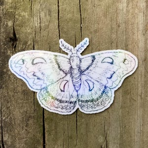 May include: A holographic sticker of a moth with a detailed drawing of its wings and body. The moth has a crescent moon design on each wing.