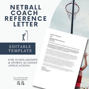 Carta de recomendación para entrenador de netball / Plantilla de referencia para beca deportiva / Word y Google Docs