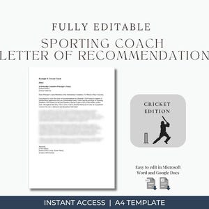 Carta de recomendación para entrenador de críquet / Plantilla editable de referencia de beca / Word y Google Docs