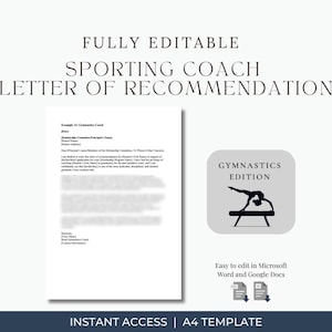 Carta de recomendación para entrenador de gimnasia / Plantilla editable para becas / Word y Google Docs