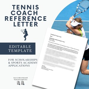Carta de recomendación de entrenador de tenis / Plantilla editable de recomendación de beca / Word y Google Docs
