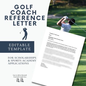 Carta de recomendación de entrenador de golf / Plantilla editable de recomendación de beca / Word y Google Docs