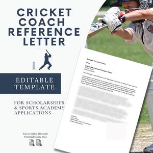 Carta de recomendación para entrenador de críquet / Plantilla editable de referencia de beca / Word y Google Docs