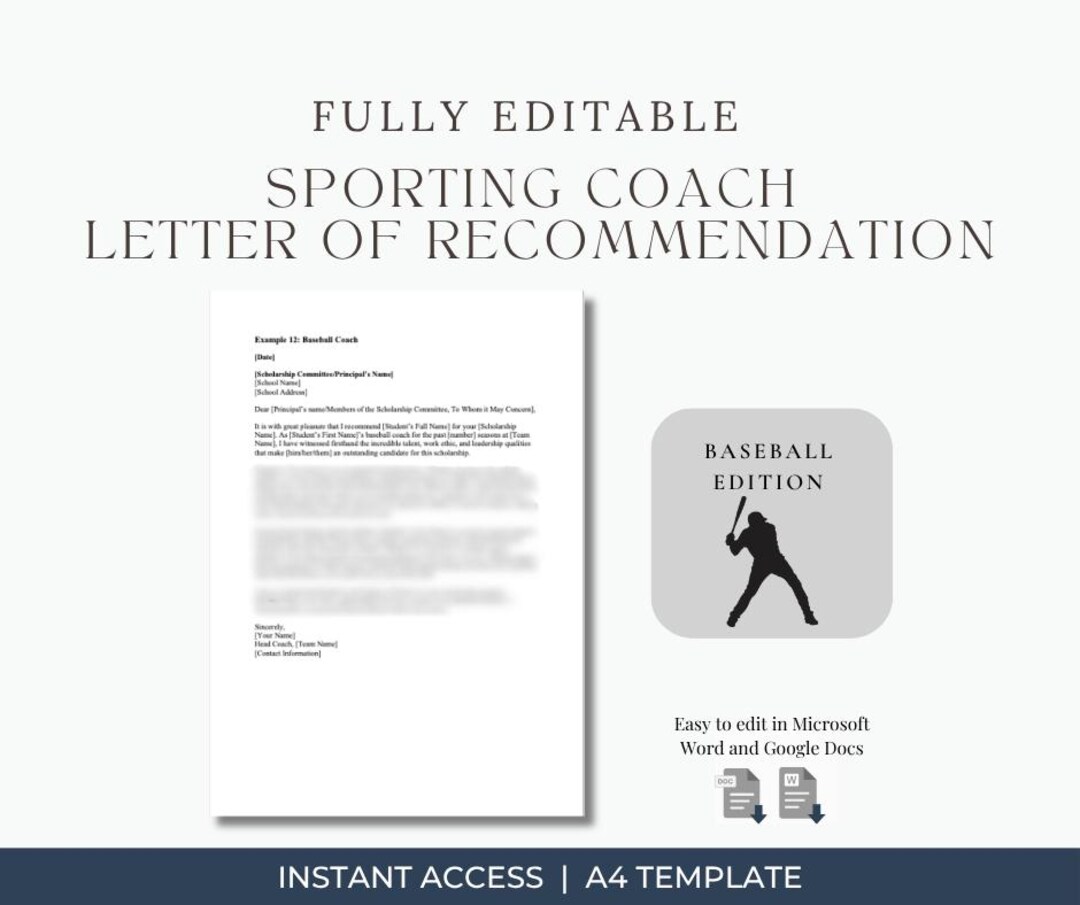 Baseball Coach Reference Letter | Editable Scholarship Recommendation