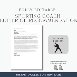 Carta de recomendación de entrenador de béisbol / Plantilla editable de recomendación de beca / Word y Google Docs