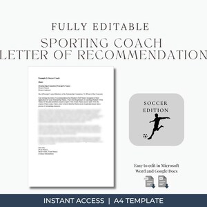 Carta de recomendación para entrenador de fútbol / Referencia para becas deportivas / Plantilla editable en Word y Google Docs