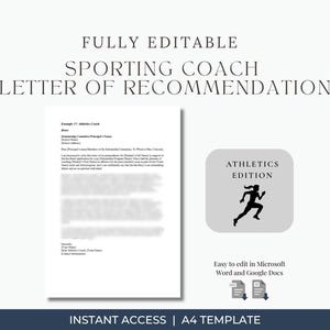 Plantilla de carta de recomendación para entrenador de atletismo / Referencia de beca editable / Word y Google Docs