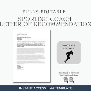 Carta de recomendación de entrenador de fútbol / Plantilla editable de recomendación de beca / Word y Google Docs