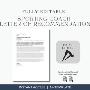 Carta de recomendación de entrenador de buceo / Plantilla editable de recomendación de beca / Word y Google Docs