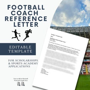 Carta de recomendación de entrenador de fútbol / Plantilla editable de recomendación de beca / Word y Google Docs