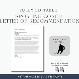 Carta de recomendación para entrenador de hockey sobre hielo / Plantilla de referencia de beca editable / Word y Google Docs